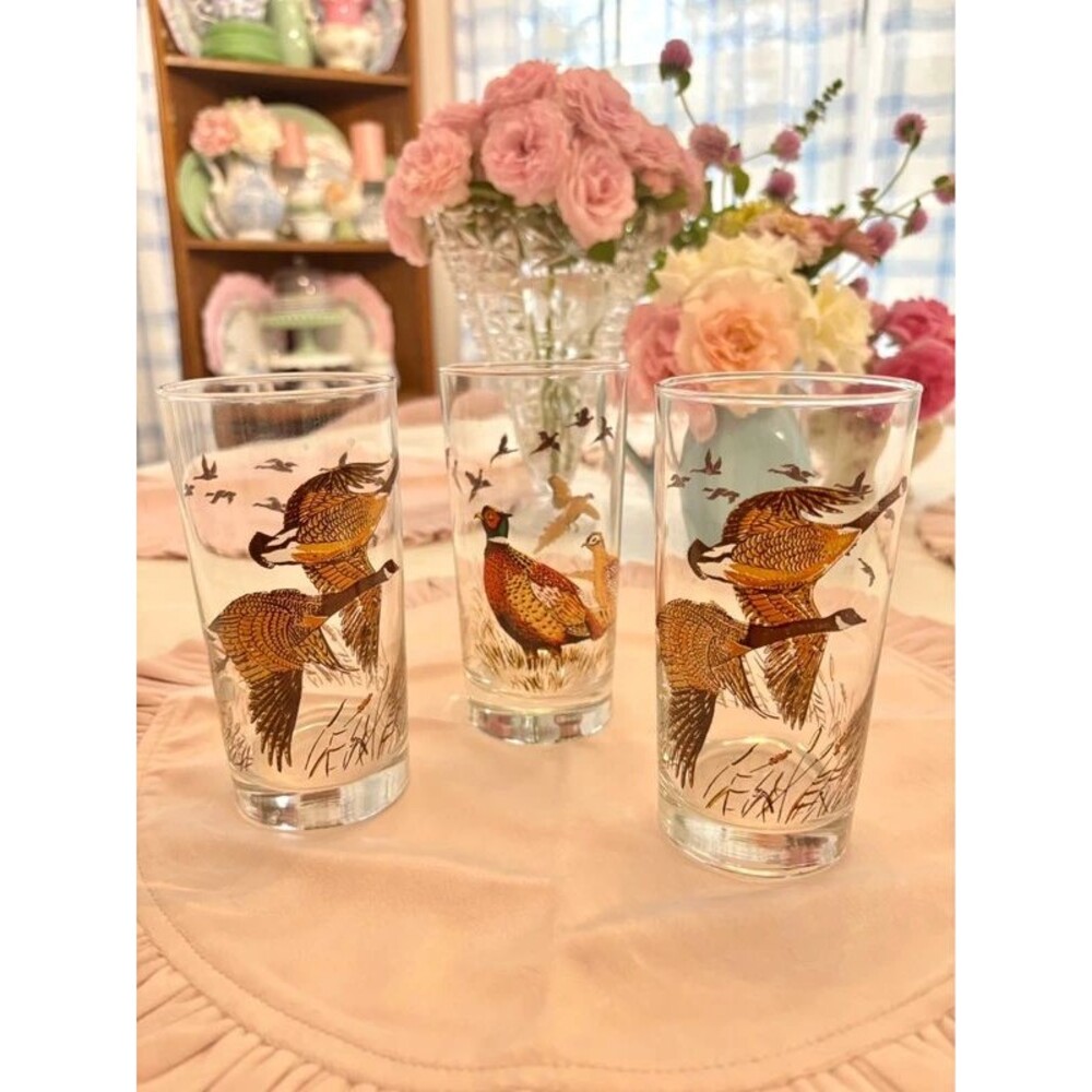 Vintage MCM Libbey Pheasant Game Bird Drinking Glasses Lot